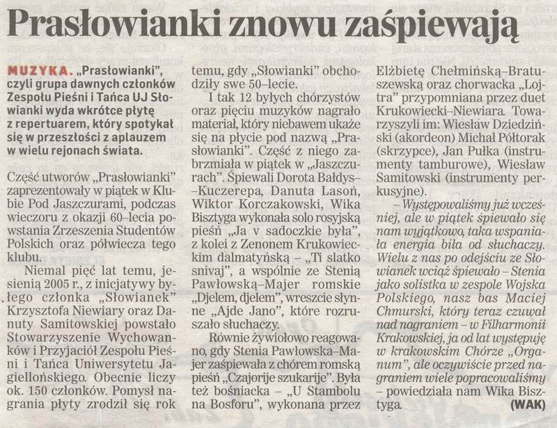 Gazety pisz  o  koncertach "Prasowianek". "Dziennik Polski" - 26.IV. 2010 r.